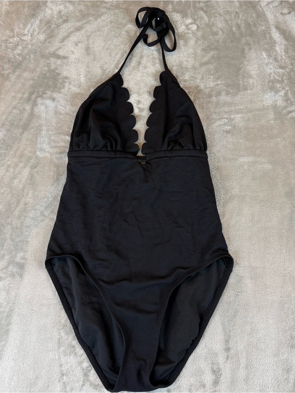 Time & Tru Scallop Black One Piece Swimsuit Solid Halter Size L 12-14